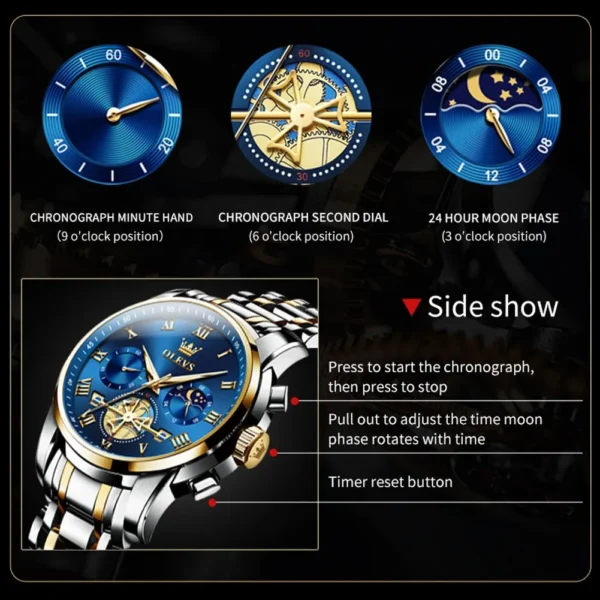 OLEVS Top Brand Mens Watches Classic Roman Scale Dial Luxury Wrist Watch for Man Original Quartz Waterproof Luminous Chronograph - Image 3