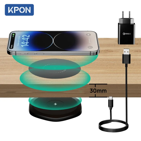 KPON Invisible Wireless Charger 30mm Under Table QI Charger Furniture Desk Wireless Charging Station for iPhone 16/15/14/13/12/8