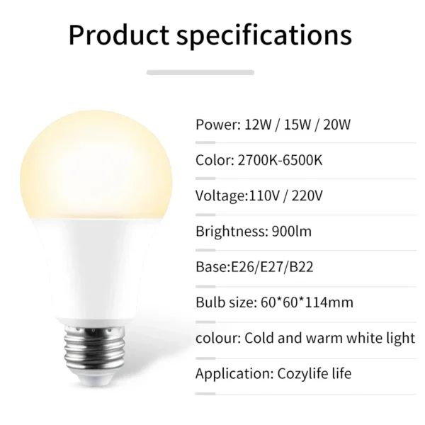 WiFi Smart LED Light Bulbs E27 110V 220V 12W 15W 20W LED Cozylife APP Control Kitchen Bedroom Lamp Works With Alexa Google Home - Image 2