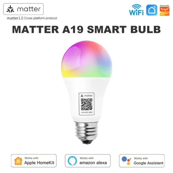 Tuya Matter A19 Smart Light Bulb WiFI RGB CW 9W Led Lamp Smart Home Remote Control Support Homekit Siri Alexa Google Home