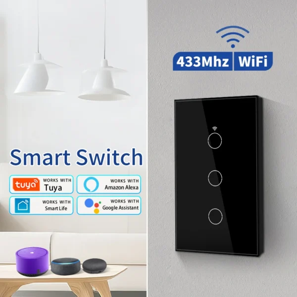 Tuya WiFi Smart Switch 1/2/3/4 Gang RF 433MHz Touch Sensor Interruptor No Neutral Wire Voice Control Alexa Google Home 110V 220V